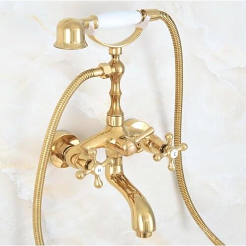 Gold Color Brass Shower Faucet Set W/ Tub Spout Hand Shower Wall Mounted Hot and Cold Mixer Tap Bathroom Faucets zna801