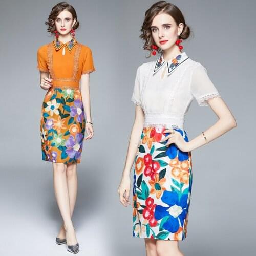 Summer Womens New Short-Sleeve Light Ripe Temperament Elegant Panel Lace Slim-Fit Printed Package Hip Pencil Dress