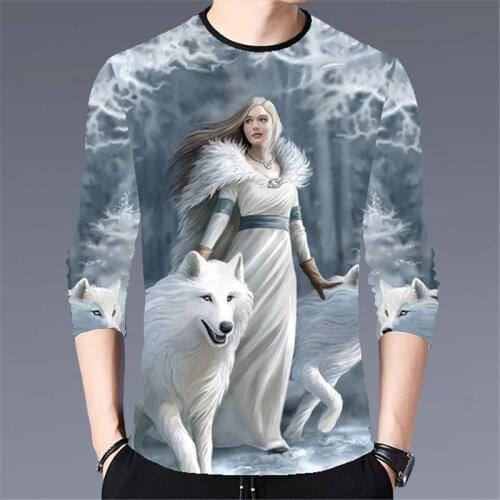 Snow wolf girl 3D printing long-sleeved round neck T-shirt 2020 mens fashion casual top loose plus size clothes M-4XL