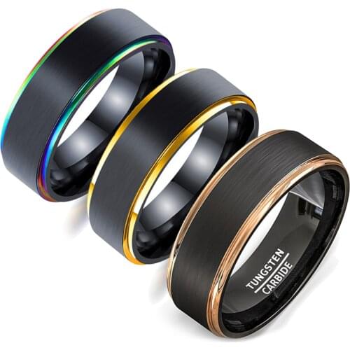 New Fashion 8mm Rainbow Colorful Tungsten Carbide Ring Black Brushed Wedding Band Mens Ring for Party Wedding Jewelry Gift