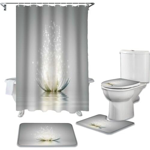 Flower Abstract Lotus Shower Curtain Sets Non-Slip Rugs Toilet Lid Cover and Bath Mat Waterproof Bathroom Curtains