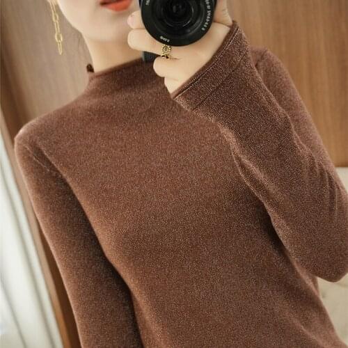 Autumn Winter New,Bright Silk Half High Neck,Knitted Pullover Women,Slim Fit,Simple Fashionable,Curled Cuffs,All-Match Sweater