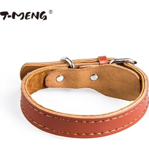 T-MENG Dog Collar Leather For Medium Dogs Yellow Pet Necklace Adjustable Size Top Quality Plain Cowhide Accessoire