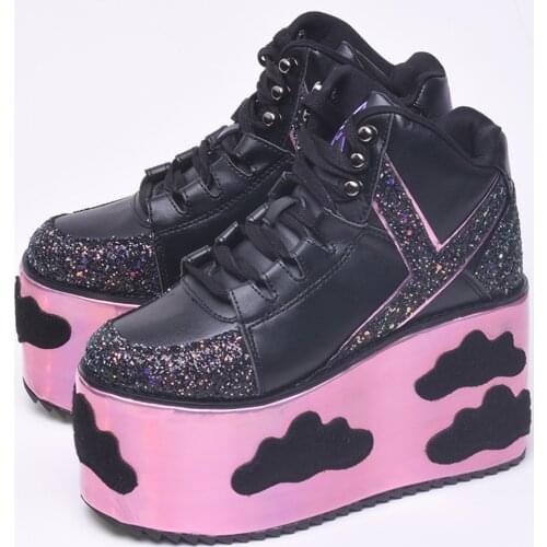 OLOMLB Women Platform Sequins Shiny Star Moon Decor Ribbon Lace Up Wedge High Heel Muffin Thick-soled DIY Leather Shoes New 2020