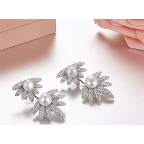 SLJELY 925 Sterling Silver Sun Flower Earrings with Pearl Micro AAA Cubic Zirconia Stones for Women Ladies Luxury Brand Jewelry