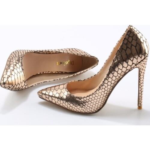 Super Hot Gold Python Faux Leather Women Shallow High Heels Sexy Pointy Toe Ladies Slip On Pumps Fashion Club Stiletto Size 41