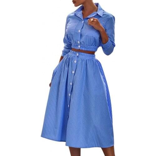 2 Pieces Set Sexy Autumn Fashion Women Set 2021 Female Tops Stripe Print Long Sleeve Shirt Elastic Waist Midi Skirts Sets