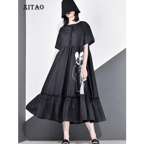 XITAO Patchwork Print Draped Dress Women 2020 Casual Aummer Tide Fashion New Style O Neck Collar Short Sleeve Ruffles XJ4922
