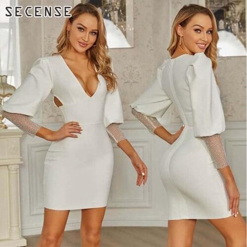 Bandage Dress v Neck Sequins White Ladies Dresses Elegant Lantern Sleeve Charming Attractive Evening Dress Women Clothes SECENSE