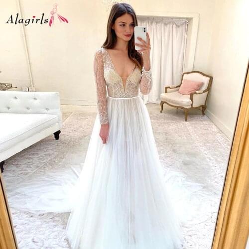 Sexy Illusion Vneck Wedding Dress 2020 Pearls Beadings Sleeve Bride Dresses Tulle Long Train Wedding Gowns Mermaid Wedding Dress
