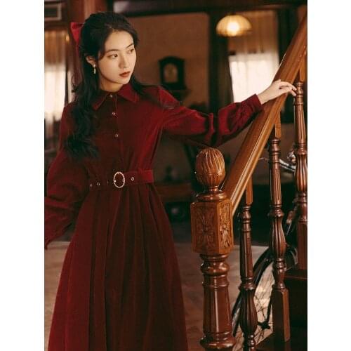 The Latest Simple Fashionable Corduroy Dress Red Vestidos Korean Chic Single-breasted Slim Design Gentle Retro Temperament Dress