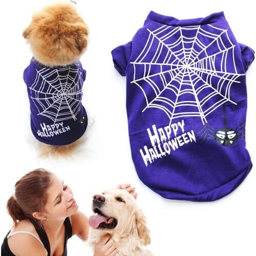 Pet Dog Cat Vest T-Shirt Halloween Spider Web Pattern Printing Cotton Cute Purple T Shirt Small Medium Dogs Puppy Clothing XS-L