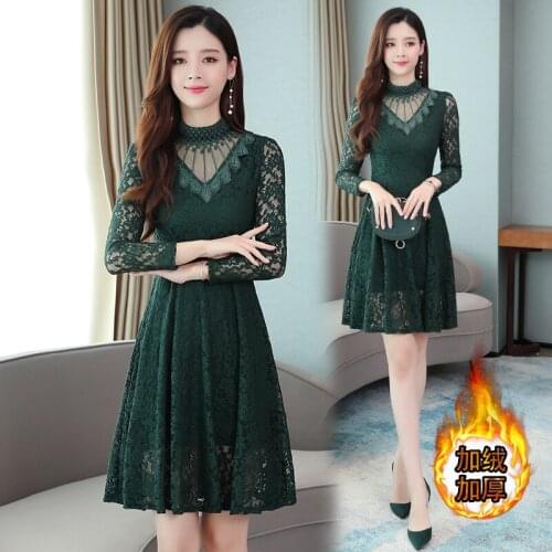 Winter Vestidos Hollow Half High Collar Embroidered Gauze Fashion Warm Dresses Womens Slim Lace Plus Velvet Invierno Dress Z614