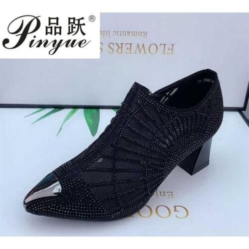 Autumn Women Naked Boots,Sexy Hollow out Rhinestone Mesh Shoes,Fashion Summer Heels,Pointed toe boots