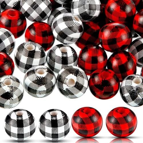 20PCS 16MM Colorful Plaid Print Wood Bead Spacer Beads Printed Round Loose Wood Bead DIY Crafts Bracelet Necklace Jewelry Making