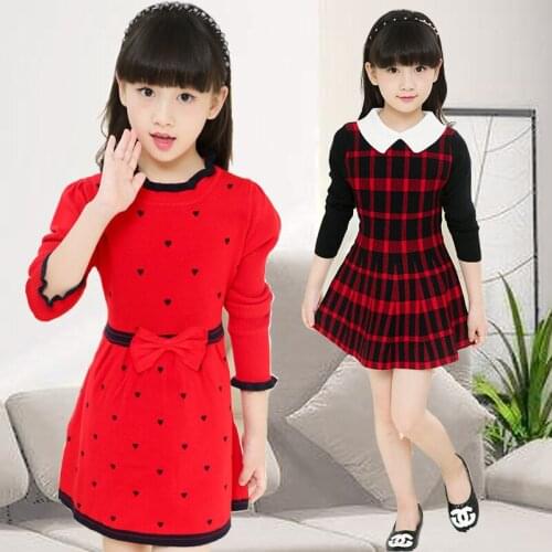 Kids Girl Knitted Sweater Polka Dots Dress Child Sweet Preppy Style Plaid Dresses Teen Long Sleeve Jumpers Baby Knitwear Clothes