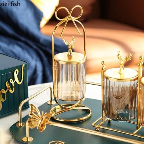European Luxury Golden Deer Glass Toothpick Holder Living Room Jewelry Storage Box Spoon Fork Storage Jar Kitchen Storage Tools