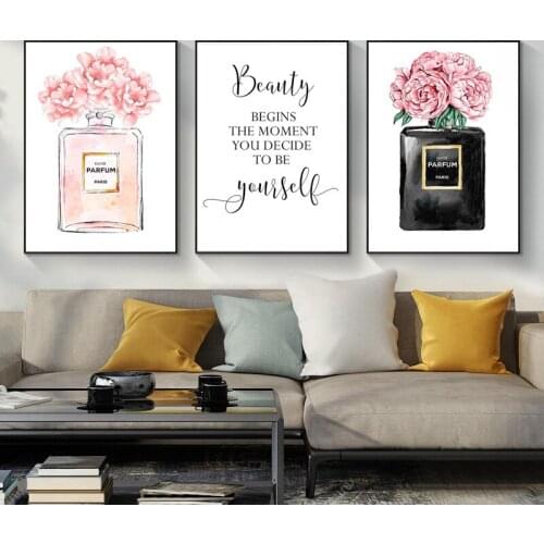 Perfume Bottle Wall Art Perfume Posters and Prints Beauty Begins Quote Print Watercolor Flower Pictures Bedroom Decoration