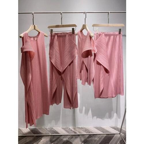 2021 Summer Autumn Limited Pink Irregular Suits Designer Aesthetic Clothes Miyake Pleated Wide Leg Pants Two Piece Dress Sets