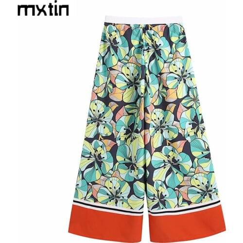 MXTIN 2021 Women Summer Vintage Floral Print Straight Pants Fashion Elastic Waist Office Lady Female Ankle Trousers Pantalones