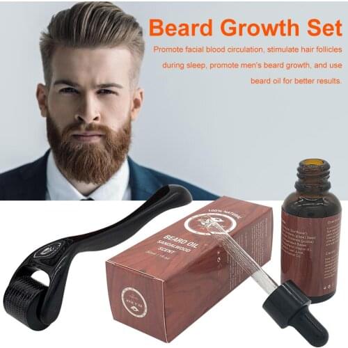 Beard Growth Set Roller And Beard Oil Safe Painless Promote Mens Beard Growth Promote Facial Blood Circulation