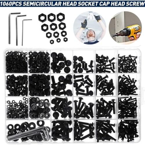 1060pcs M2 M3 M5 M4 Hex Socket Screw Set Carbon Steel Flat Round Cap Head Screws Bolts and Nuts Assortment Kit with Storage Box