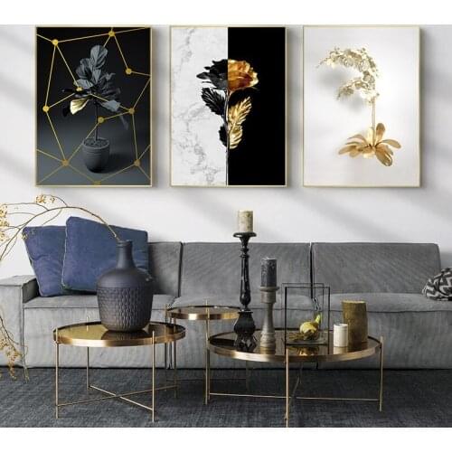 Wall Art Abstract Golden Flower Poster Marble Geometric Line Nordic Canvas Paintings Modern Home Decor Living Room Decoration