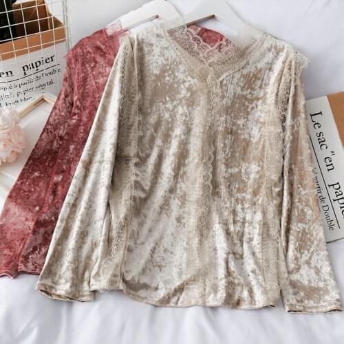 New Sweet Lace Patchwork velvet t shirt Vintage Long Sleeve V-neck bottomed Tees autumn winter Pullovers womens clothing Mw985