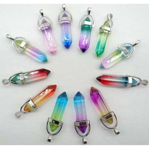 Wholesale Hot Sale Natural Stone Quartz Crystal Hexagon charm Rainbow pendant for diy Jewelry Necklaces Accessories 24PCS