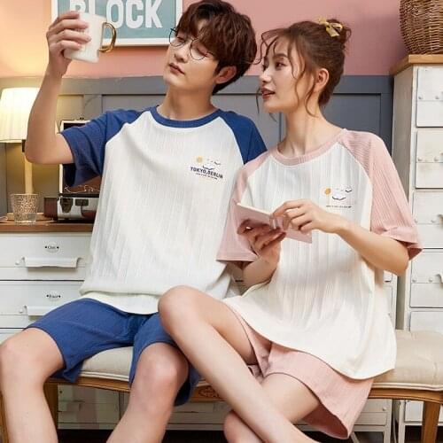 SLPBELY Couple Pajamas Set Nightsuit Cartooon Printed Lover Sleepwear Men and Women Matching Home Suit Cotton Pajamas for Summer