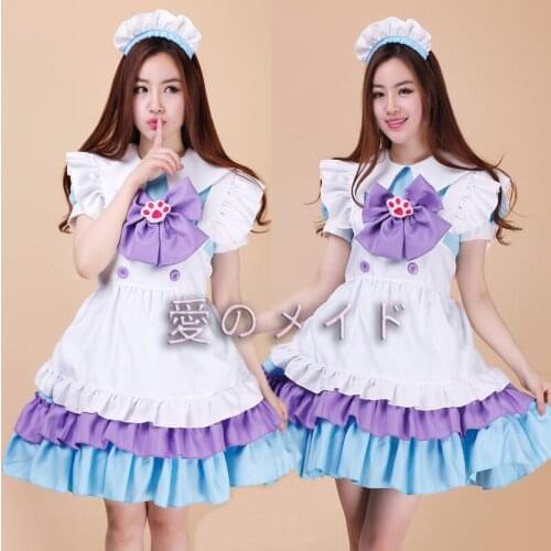 Japanese Anime Style Maid Cosplay Dress Purple Cat Neco Outfit Women Puff Short Sleeve Dresses Costume Suit Apron Lolita Dresses