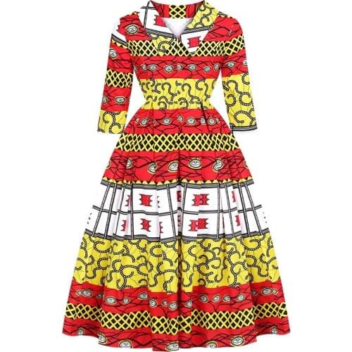 Digital printed female back V-neck three-quarter sleeve dress Indonesian style mid-length African style skirt FQID