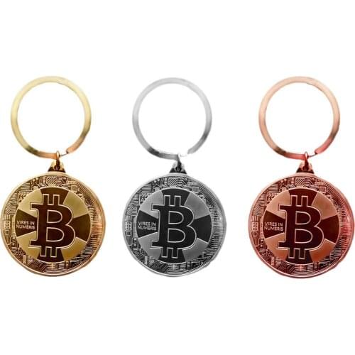 Gold Plated Bit Coin Key Chain BTC Coin Art Collection Gift Physical Metal Antique Imitation Home Decor