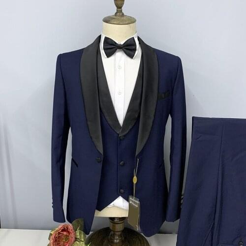 Luxury fashion Navy blue wedding suits men 3 pieces slim fit groom Black satin shawl collar cuffs Male party Blazer Vest pants