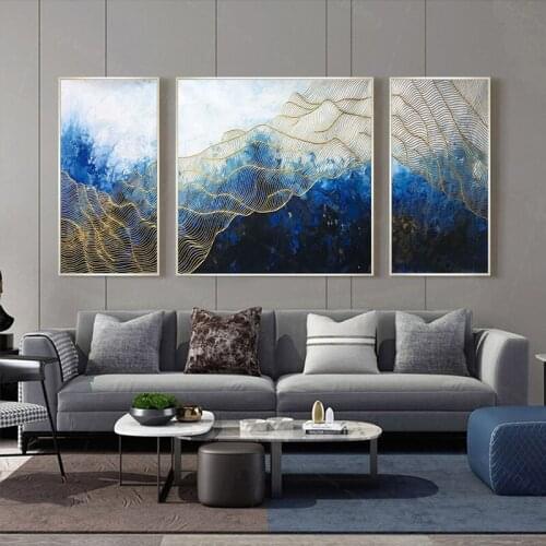 Hand Made Blue Abstract Painting Gold Line Canvas Wall Art Picture For Living Room Home Decoration Three Pieces