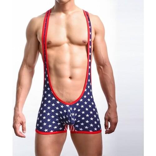 Sexy Men Undershirts Shorts Wrestling Singlet Underwear American Flag Print Jumpsuits Ondergoed Mannen Catsuit Bodysuits Pajamas