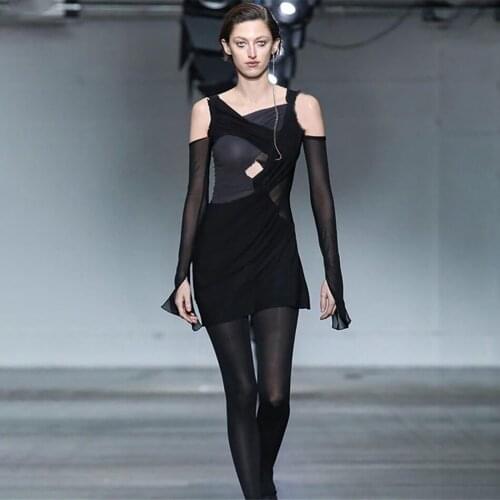 [Shesrim] Sexy Fashion Strapless Long-Sleeved V-Neck Hollow Stitching Designer Self-Cultivation Street Style Womens Dress