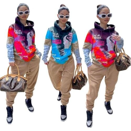 Sweatsuit Two Piece Set Women Outfit Hoodie Patchwork Top Sweatpants Joggers Winter Clothes Streerwear Wholesale Dropshipping