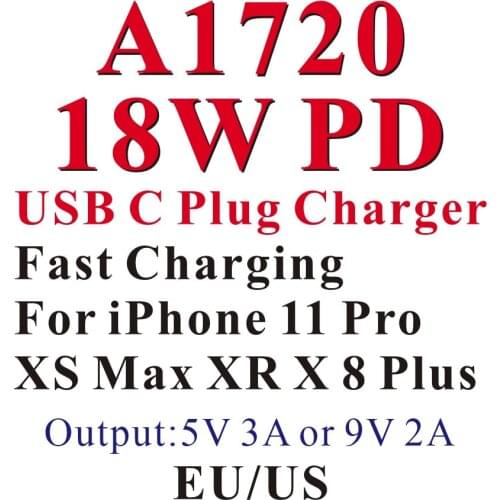 A1720 USB Charger 18W PD Fast Charging USB C Plug Mobile Phone Charger For iPhone 11 Pro XS Max XR X 8 Plus