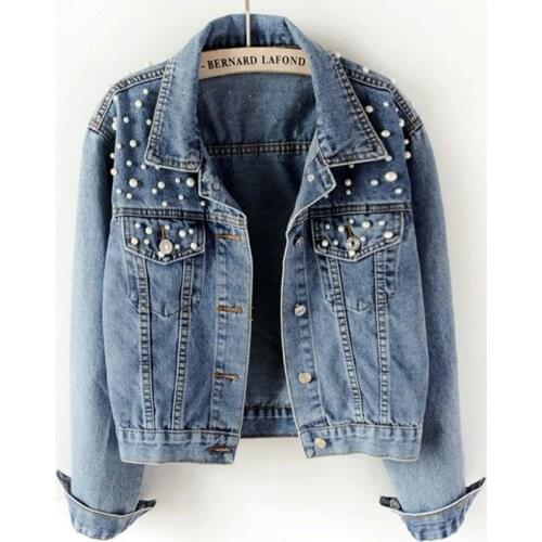 2021 Autumn Women Fashion Long Sleeve Turn-Down Collar Pocket Patchwork Pearls Beading Denim Jeans Jacket Coat Casual Overcoat