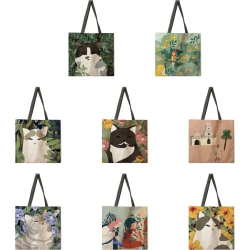 Womens beach bag foldable shoulder bag shopping bag Nordic simple illustration printed tote bag linen casual tote bag reusable