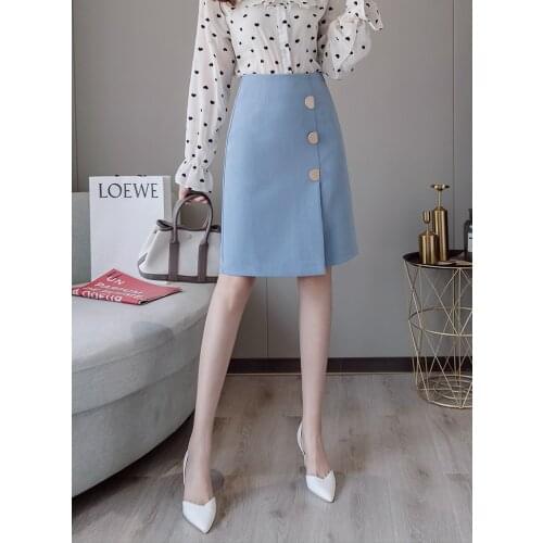 Women High Waist Jupe Femme Split Bottoms Vintage Office Ladies Skirts Buttons A Line Knee-Length 2021 Elegant Skirt