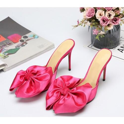 2020 summer Free shipping fashion women pumps pink satin flowers high heels mules slipper sandals big size