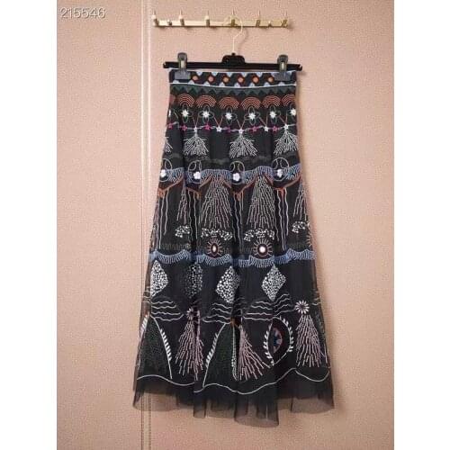 Fashion Womens Skirts 2021 Runway Luxury Famous Brand European Design Party Style Mesh Embroidery Black Long Skirts Clothing