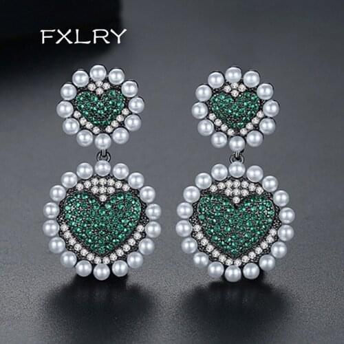 FXLRY romantic jewelry multicolor cubic zirconia simulated pearl heart shape dangle earrings Earrings for women to gift