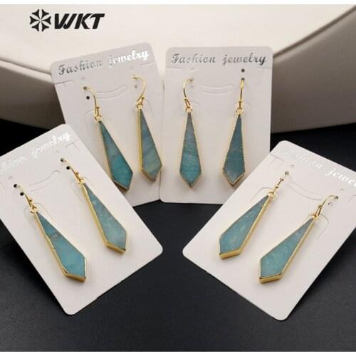 WT-E377 Wholesale natural green TianHe stone earrings with gold plating tie shaped Amazonite earrings jewelry for women Jewelry