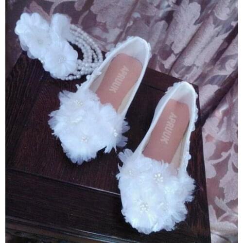 Plus size white flowers girl flats shoes woman lady flat heel beading anklet romantic sweet wedding flats female party shoe
