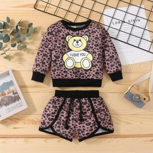1-6 Years Kid Girls Leopard 2pcs Set Childrens Sets Fall Outfits Casual Long Sleeve Bear Leopard Print Pullover Shorts Set