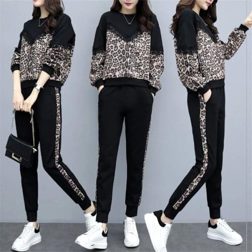 Tracksuit for women female autumn fashion plus size Leopard pants +crop tops suits womens large size two-piece sets sweatshirts