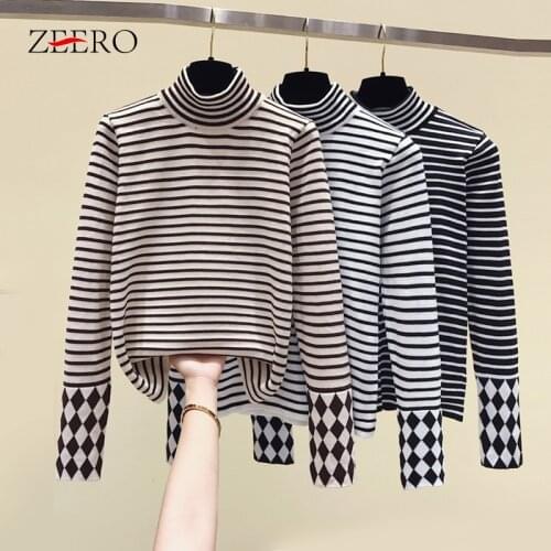 2020 Autumn Women Black Long Sleeve Knitted Plaid Striped Turtleneck Pullover Top Korean Female Winter Warm Soft woman Sweaters